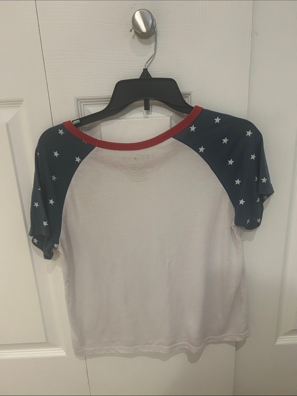Fifth Sun White Tee with Navy Star Raglan Sleeves and Red Trim - Picture 3 of 3